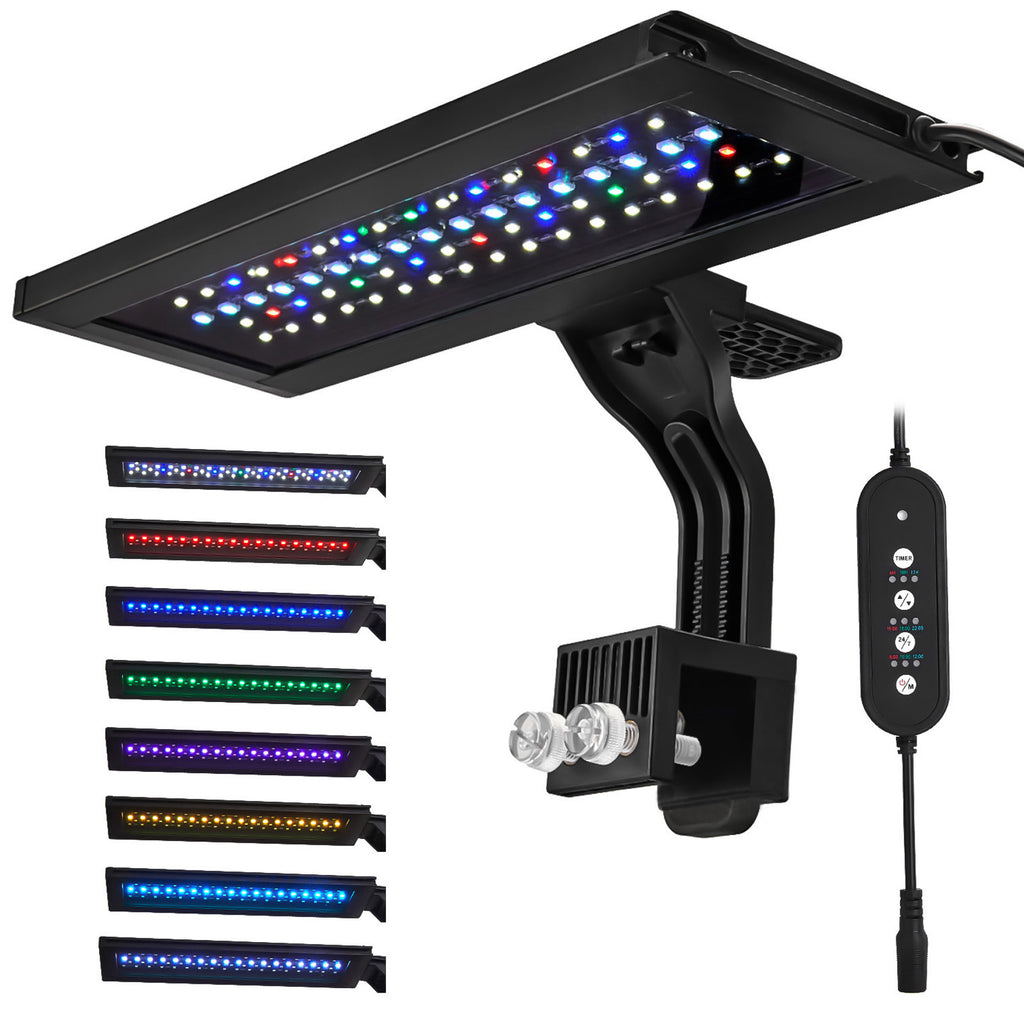VNEKVA LED Aquarium Light for Fish Tanks, Full Spectrum, 8 Colors with Timer, Clip-On Light Fits Glass up to 0.75in Thick
