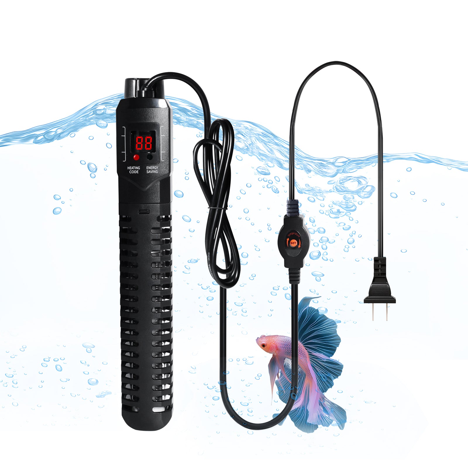 VNEKVA 500W Submersible Aquarium Heater for Fish & Turtle Tanks with LED Thermometer and Overheat Protection