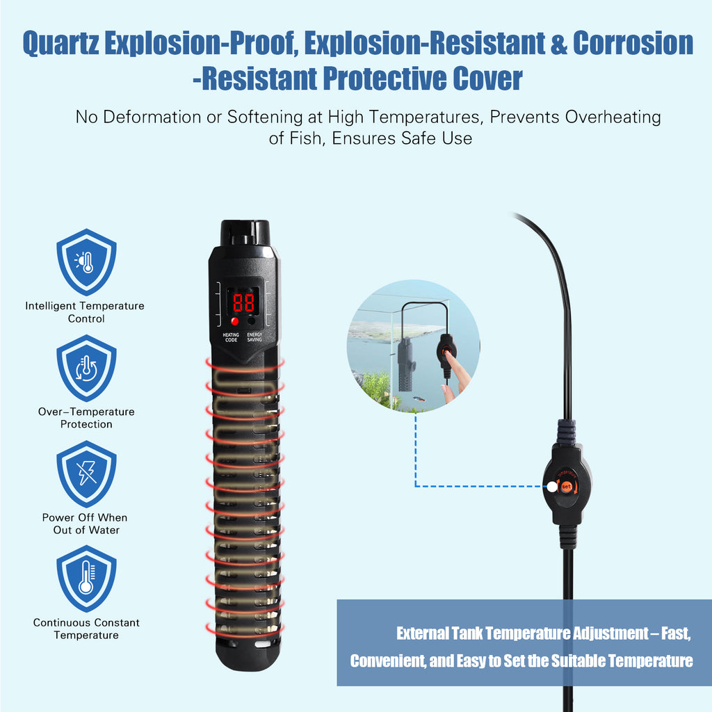 VNEKVA 500W Submersible Aquarium Heater for Fish & Turtle Tanks with LED Thermometer and Overheat Protection