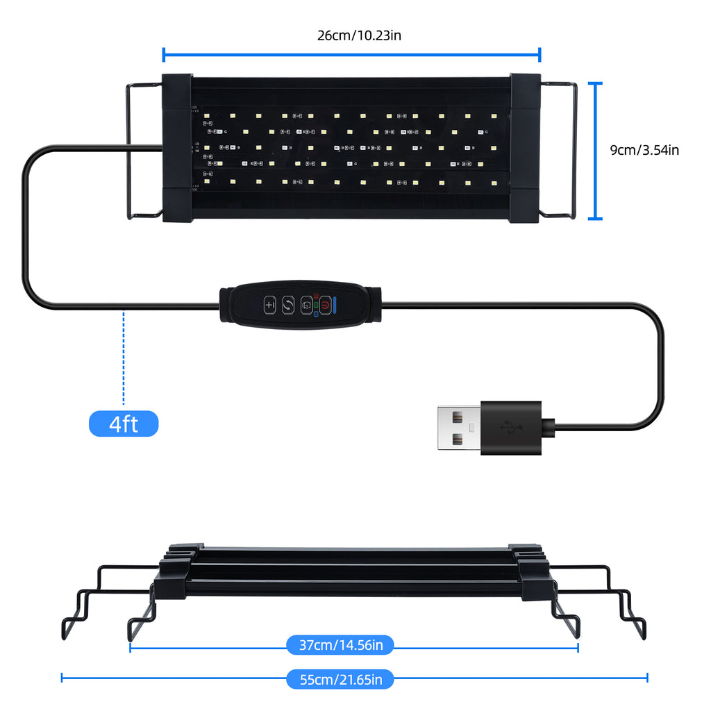 FINAQUA Full Spectrum Aquarium Light, Switch Control, 3 Modes (Red, Blue, White), 56 High-Brightness LEDs, for 11.8-15.7 Inch Tanks, with Timer, Adjustable Bracket, USB Plug (No Power Supply)
