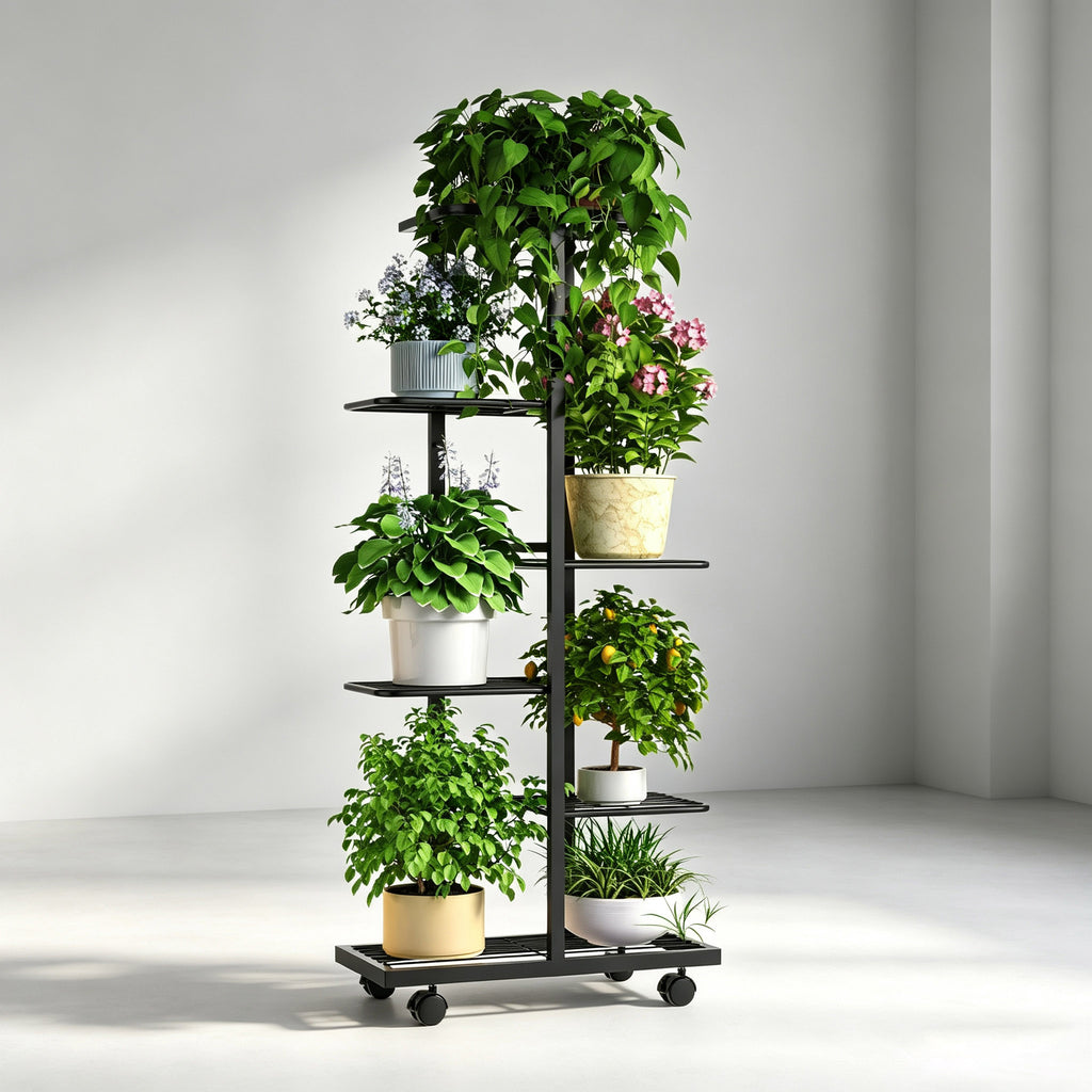 ZHEILFG 6-Tier Metal Plant Stand Indoor with Wheels, Flower Pot Holder Shelf, Indoor Outdoor Planter for Patio Garden Balcony, Black