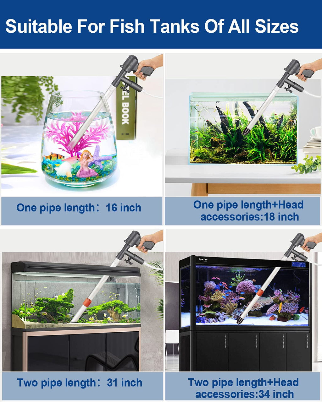 VNEKVA Fish Tank Gravel & Sand Cleaner Kit with Vacuum Pump, Water Changer, Thermometer