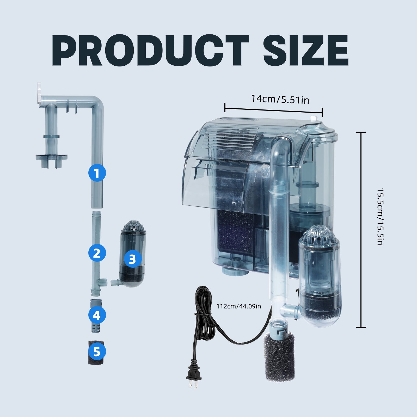 VNEKVA 74 GPH Hang-On Aquarium Power Filter with Surface Skimmer, 3-Stage Filtration, Adjustable Flow, for 5-10 Gallon Freshwater and Saltwater Fish Tanks