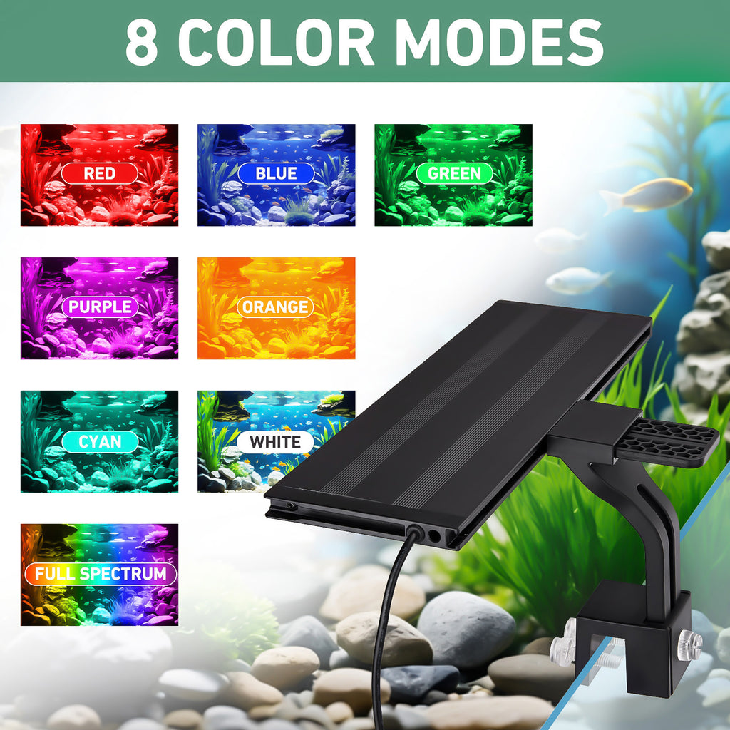 VNEKVA LED Aquarium Light for Fish Tanks, Full Spectrum, 8 Colors with Timer, Clip-On Light Fits Glass up to 0.75in Thick
