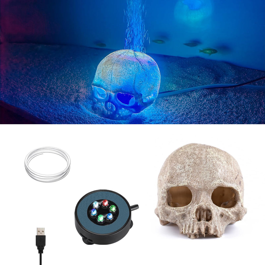 VNEKVA Aquarium Skull Decoration with Air Bubbler & USB LED Light - Halloween Décor for Freshwater & Saltwater Fish Tanks