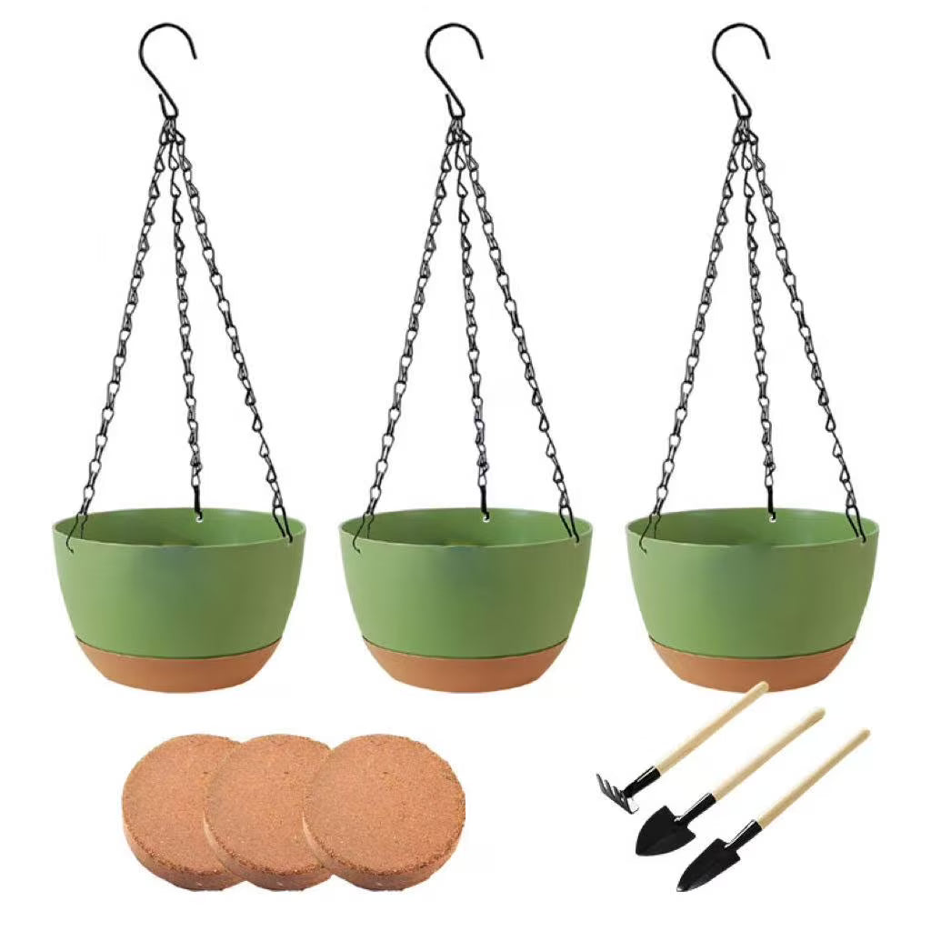 VNEKVA 3-Pack Green Plastic Hanging Planters with Chain, Coconut Coir & Tools - Indoor/Outdoor Flower Pots with Drainage Holes for Garden Porch