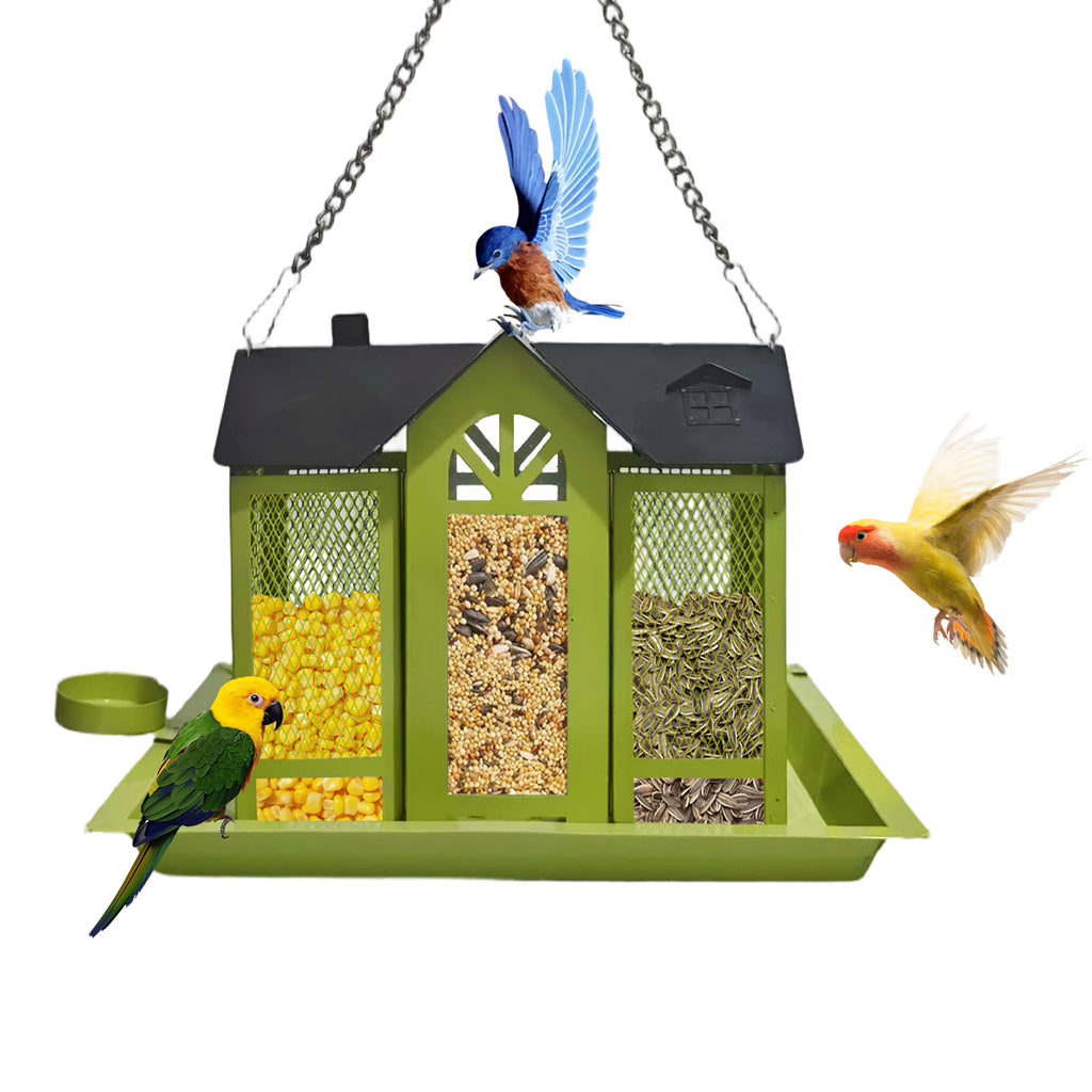 VNEKVA Outdoor Metal Mesh Wild Bird Feeder House - Triple Feeding Ports, Large Capacity, Weatherproof & Durable for Finch, Cardinal, Chickadee