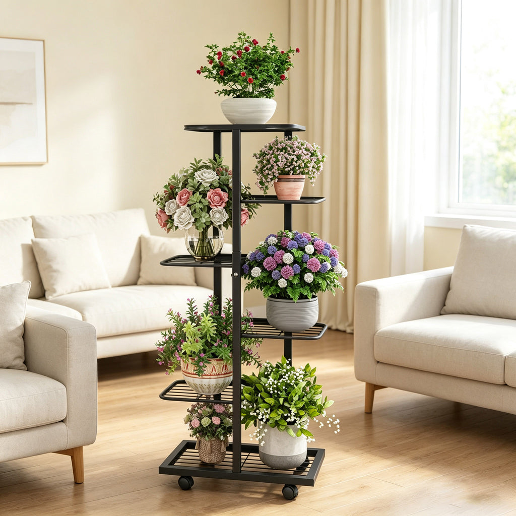 ZHEILFG 6-Tier Metal Plant Stand Indoor with Wheels, Flower Pot Holder Shelf, Indoor Outdoor Planter for Patio Garden Balcony, Black