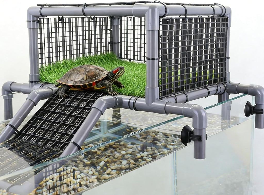 VNEKVA Above Tank Turtle Basking Platform, Elevated Dock with Non-Slip Ramp and Grass Mat, Fits 75 to 125 Gallon Aquariums