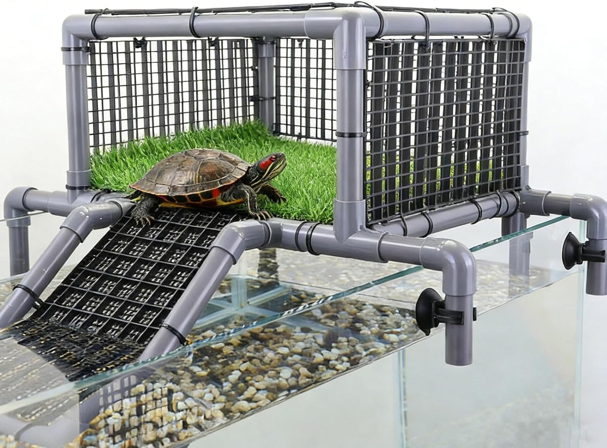 VNEKVA Above Tank Turtle Basking Platform, Elevated Dock with Non-Slip Ramp and Grass Mat, Fits 75 to 125 Gallon Aquariums