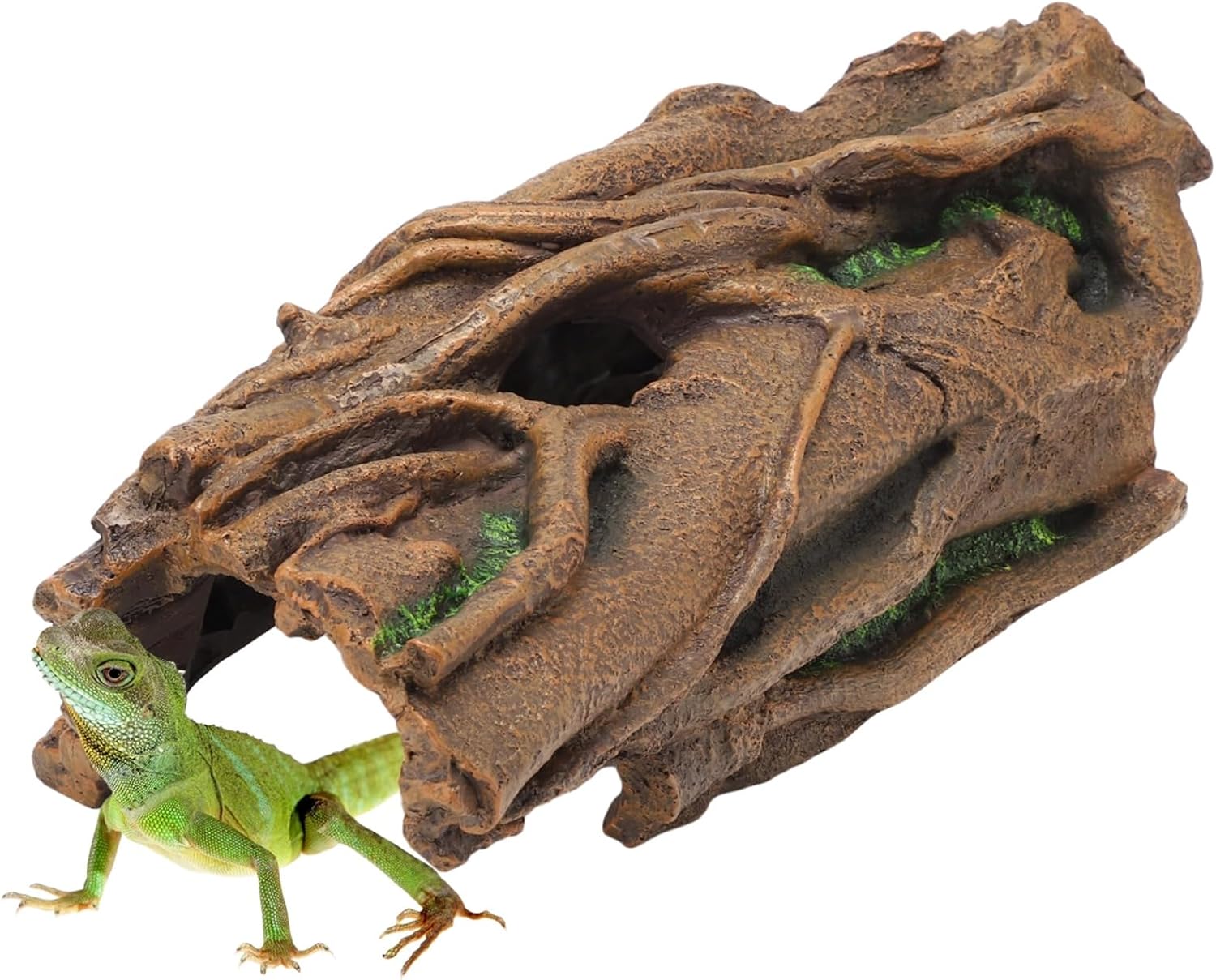 VNEKVA Large Resin Reptile Hideout Cave, Hollow Log Habitat Decor, Basking Platform for Ball Python, Bearded Dragon, Gecko, Lizard, Tortoise, Axolotl