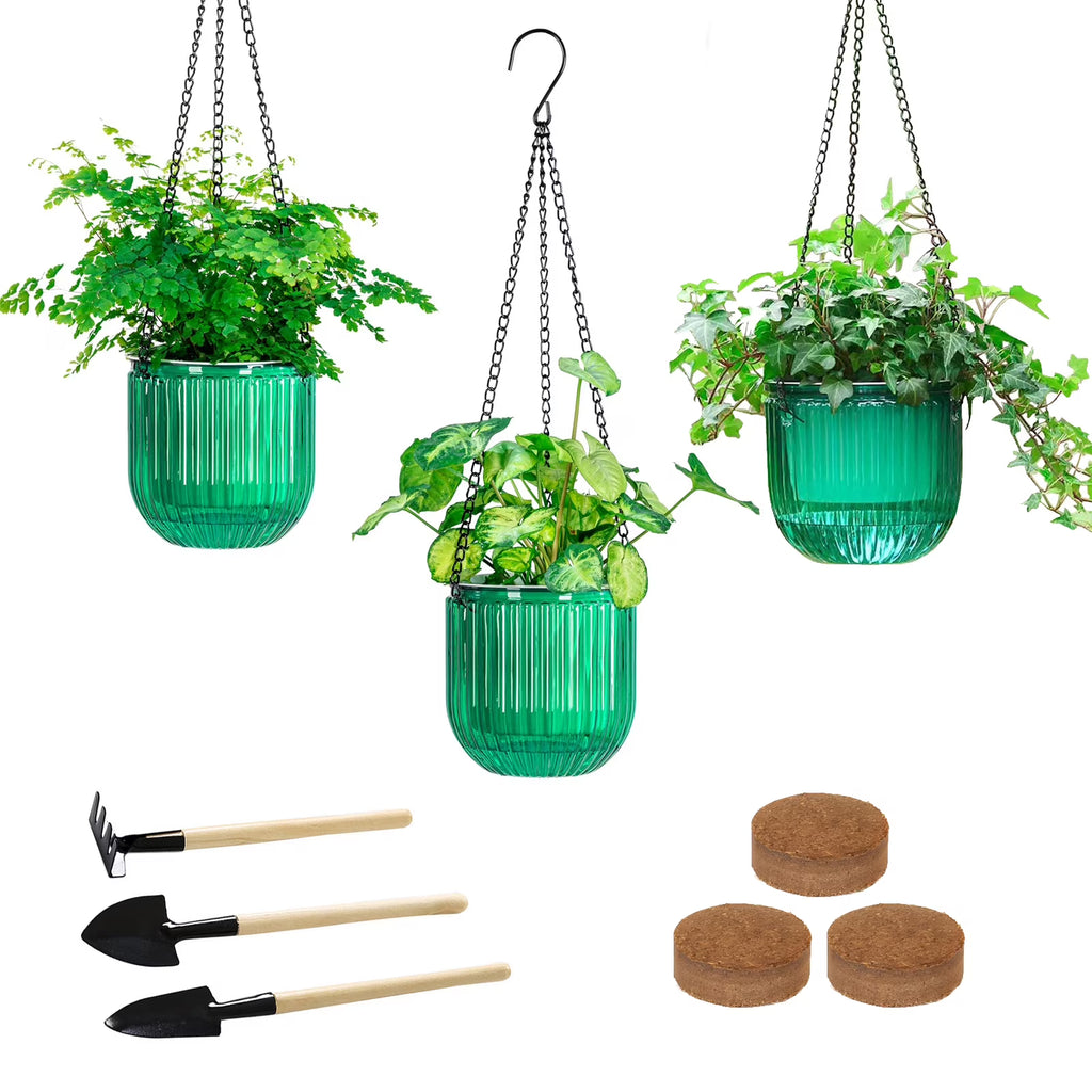 VNEKVA 3-Pack 6.5 Inch Self-Watering Hanging Planters with Hooks & Drainage Holes - Green Indoor/Outdoor Wall/Window Plant Pots for Home Decor
