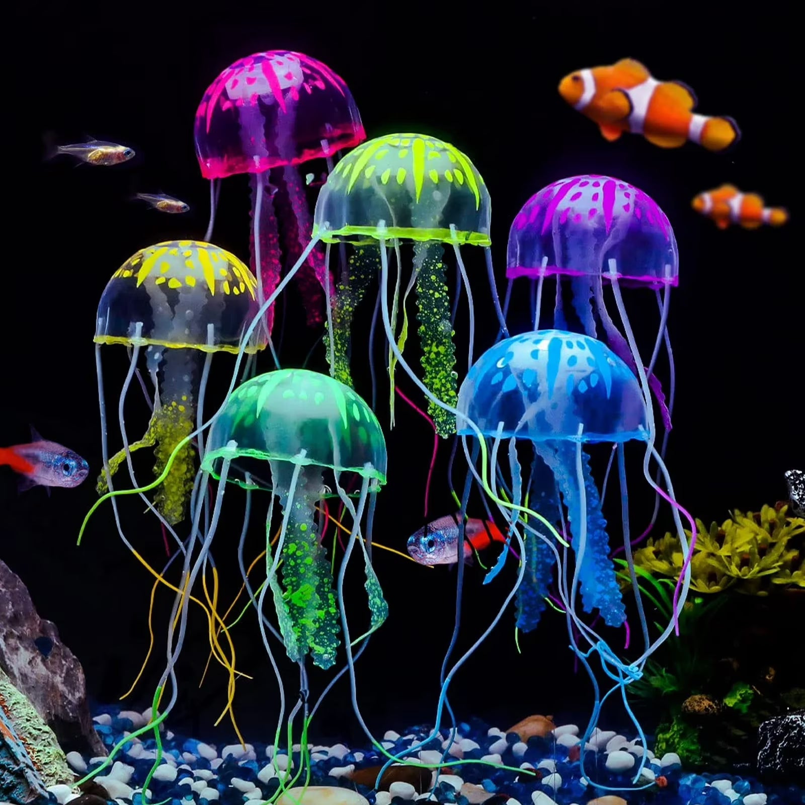 VNEKVA 6 Pcs Luminous Jellyfish Aquarium Ornaments - Glowing Fish Tank Decorations for Aquascape & Landscape