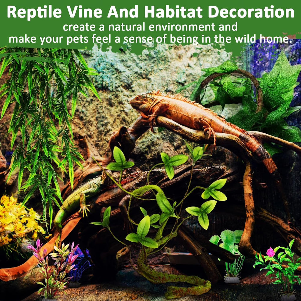 VNEKVA Bearded Dragon Tank Accessories Set, Reptile Bridge Hammock with Vines, Feeding Bowl & Hide Cave