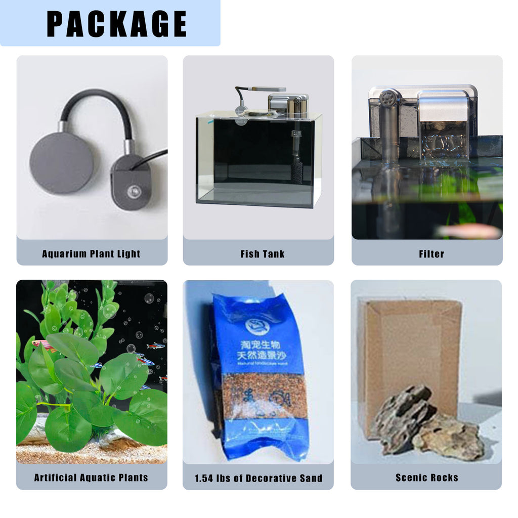 2.5 Gallon Rimless Desktop Fish Tank Kit, Ultra-Clear Aquarium with USB Light and Filter, Ideal for Betta, Shrimp, and Small Fish, Basic Black Version