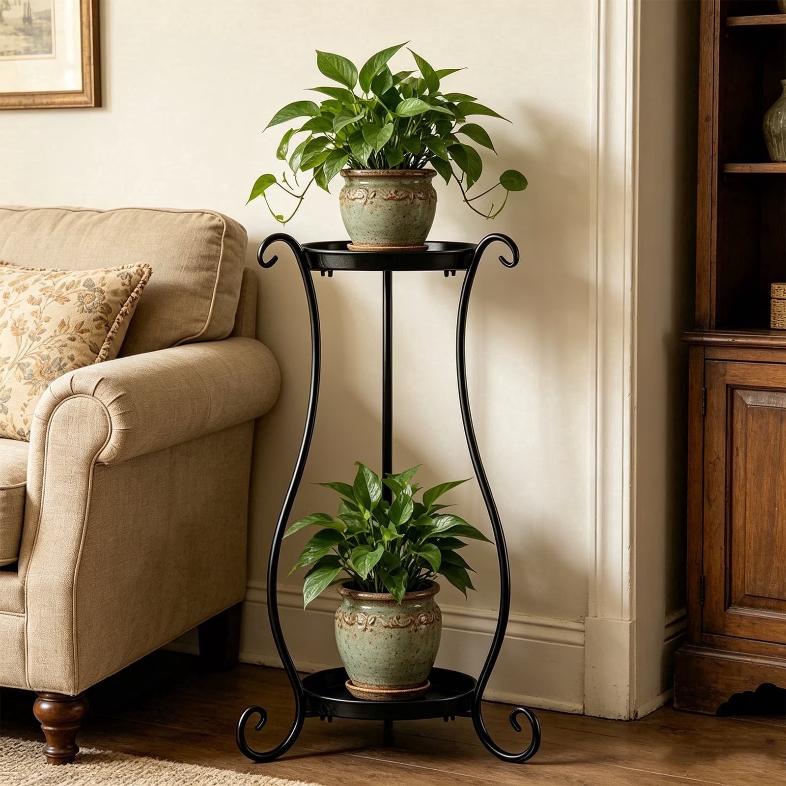 ZHEILFG 2-Tier Round Metal Plant Stand, Indoor Outdoor Flower Pot Display Table, Rack for Living Room, Balcony, Window & Garden