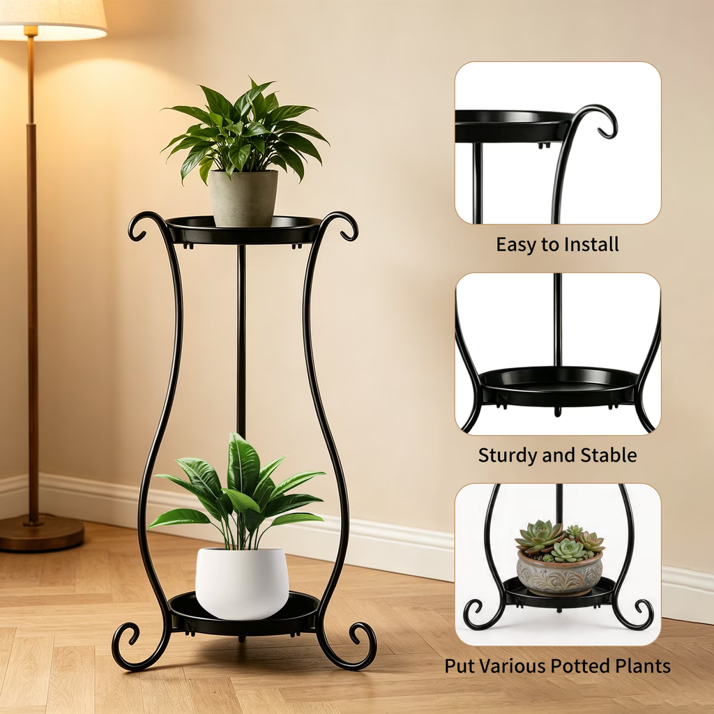 ZHEILFG 2-Tier Round Metal Plant Stand, Indoor Outdoor Flower Pot Display Table, Rack for Living Room, Balcony, Window & Garden