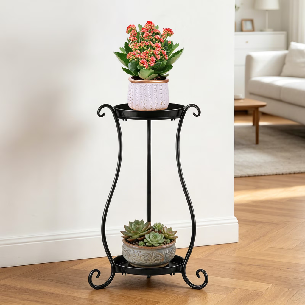 ZHEILFG 2-Tier Round Metal Plant Stand, Indoor Outdoor Flower Pot Display Table, Rack for Living Room, Balcony, Window & Garden