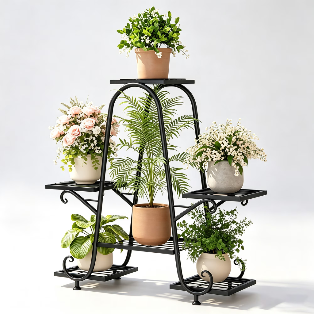 ZHEILFG Tall Metal Plant Stand, 6 Pot Indoor Outdoor Flower Shelf Rack, Corner Plant Holder for Living Room & Garden