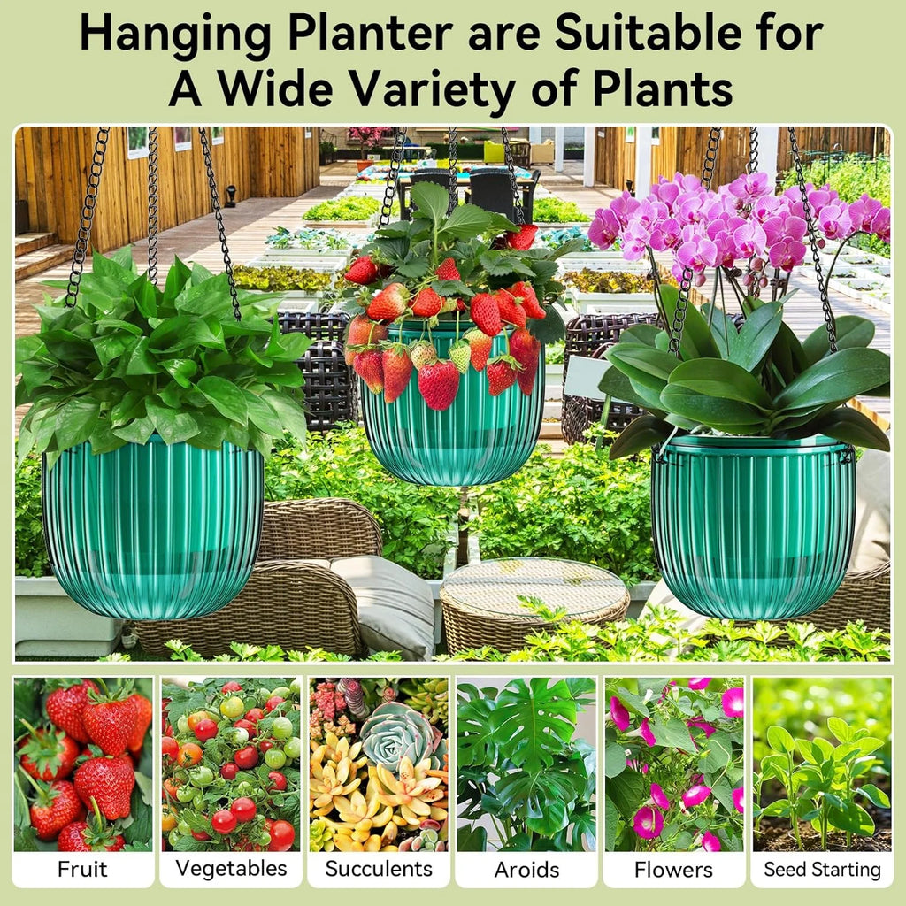 VNEKVA 3-Pack 6.5 Inch Self-Watering Hanging Planters with Hooks & Drainage Holes - Green Indoor/Outdoor Wall/Window Plant Pots for Home Decor