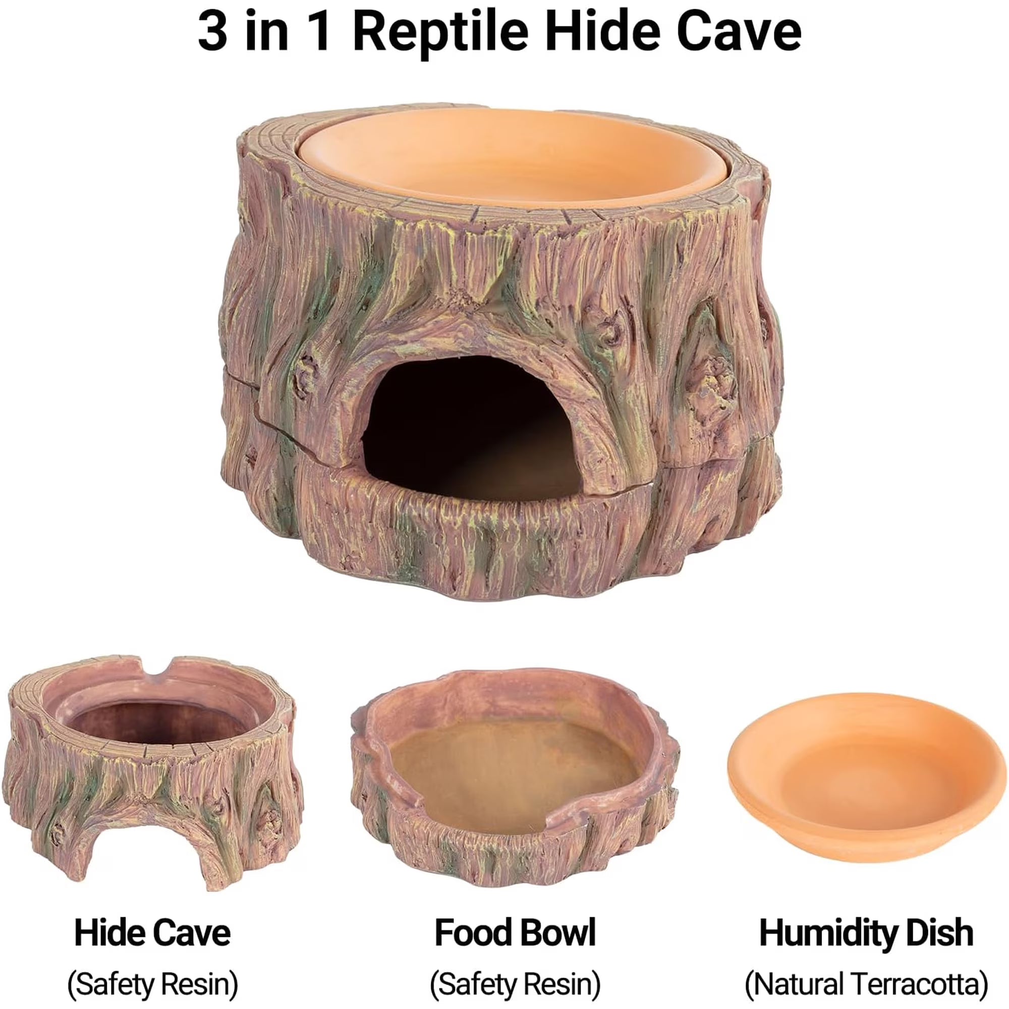 VNEKVA 3-in-1 Reptile Hide Cave with Detachable Base & Humidity Dish, Terrarium Decor Humid Shelter Hideout for Gecko, Lizard and Small Amphibian Pets