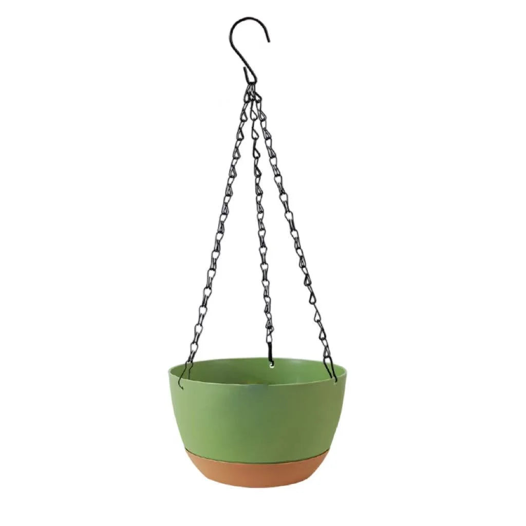 VNEKVA 3-Pack Green Plastic Hanging Planters with Chain, Coconut Coir & Tools - Indoor/Outdoor Flower Pots with Drainage Holes for Garden Porch