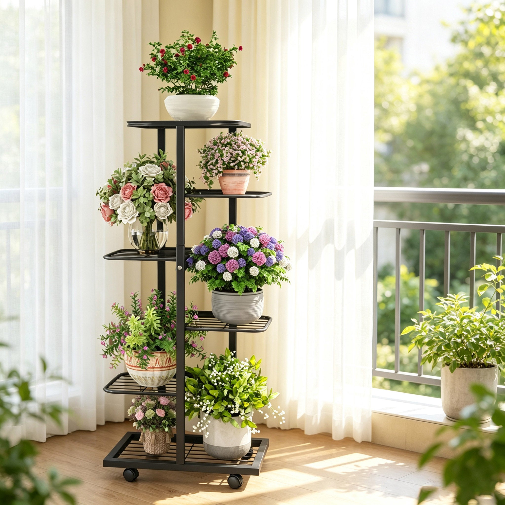 ZHEILFG 6-Tier Metal Plant Stand Indoor with Wheels, Flower Pot Holder Shelf, Indoor Outdoor Planter for Patio Garden Balcony, Black