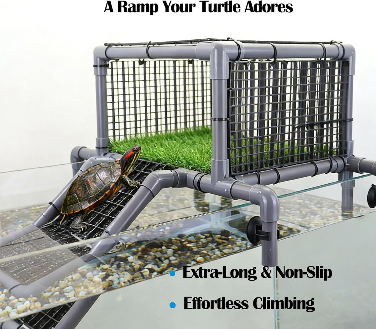 VNEKVA Above Tank Turtle Basking Platform, Elevated Dock with Non-Slip Ramp and Grass Mat, Fits 75 to 125 Gallon Aquariums