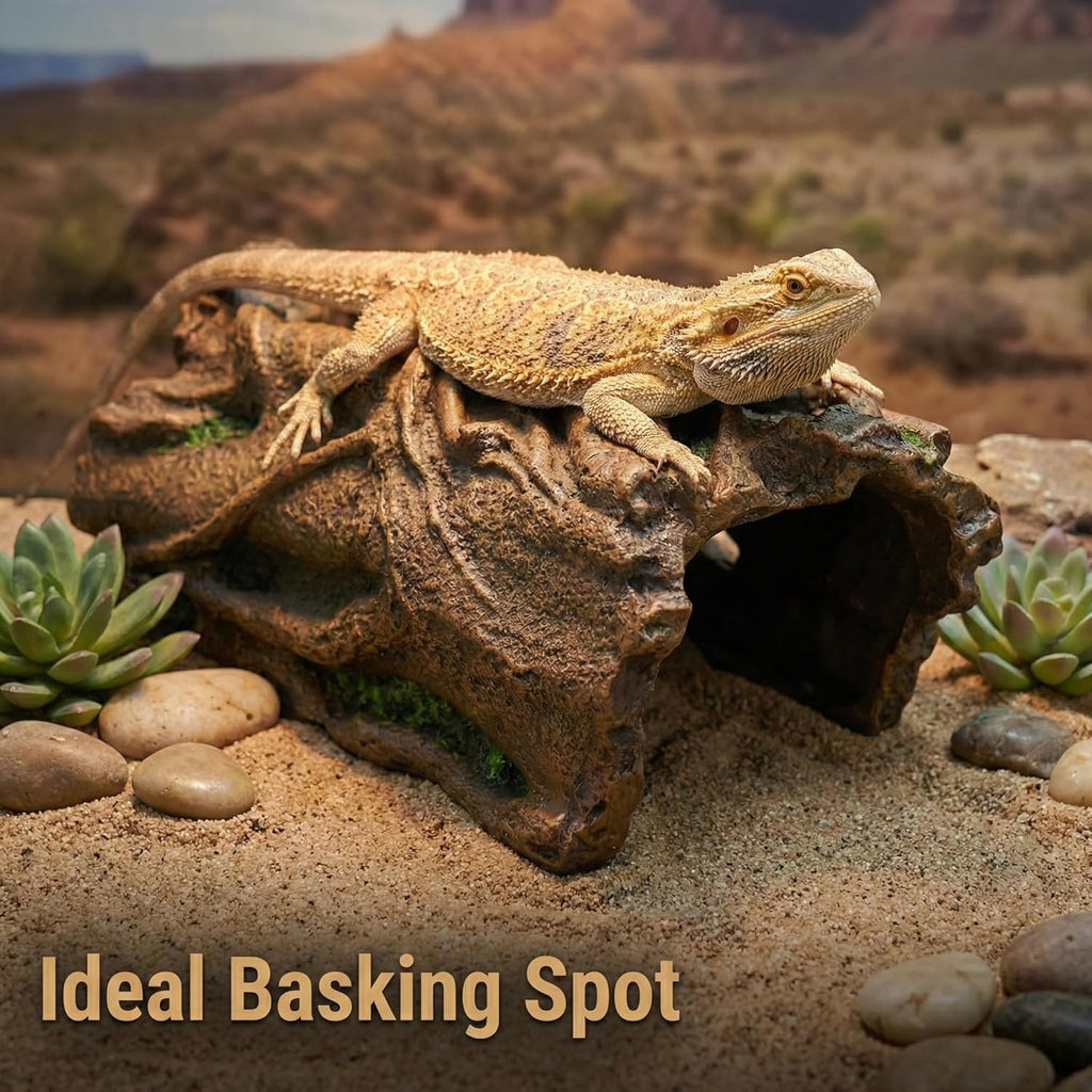 VNEKVA Large Resin Reptile Hideout Cave, Hollow Log Habitat Decor, Basking Platform for Ball Python, Bearded Dragon, Gecko, Lizard, Tortoise, Axolotl