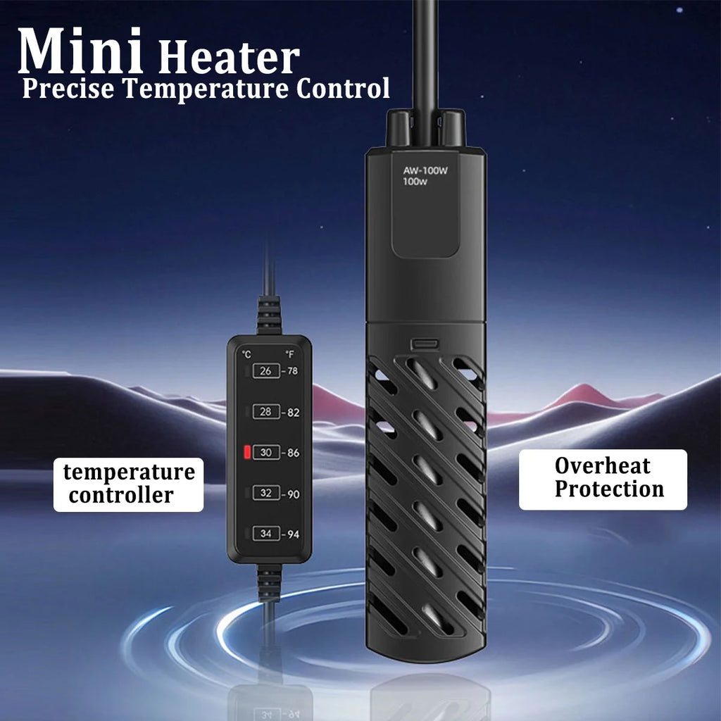 VNEKVA Mini Submersible Aquarium Heater 100W, External Controller & Overheat Protection for 5–15 Gallon Fish & Turtle Tanks