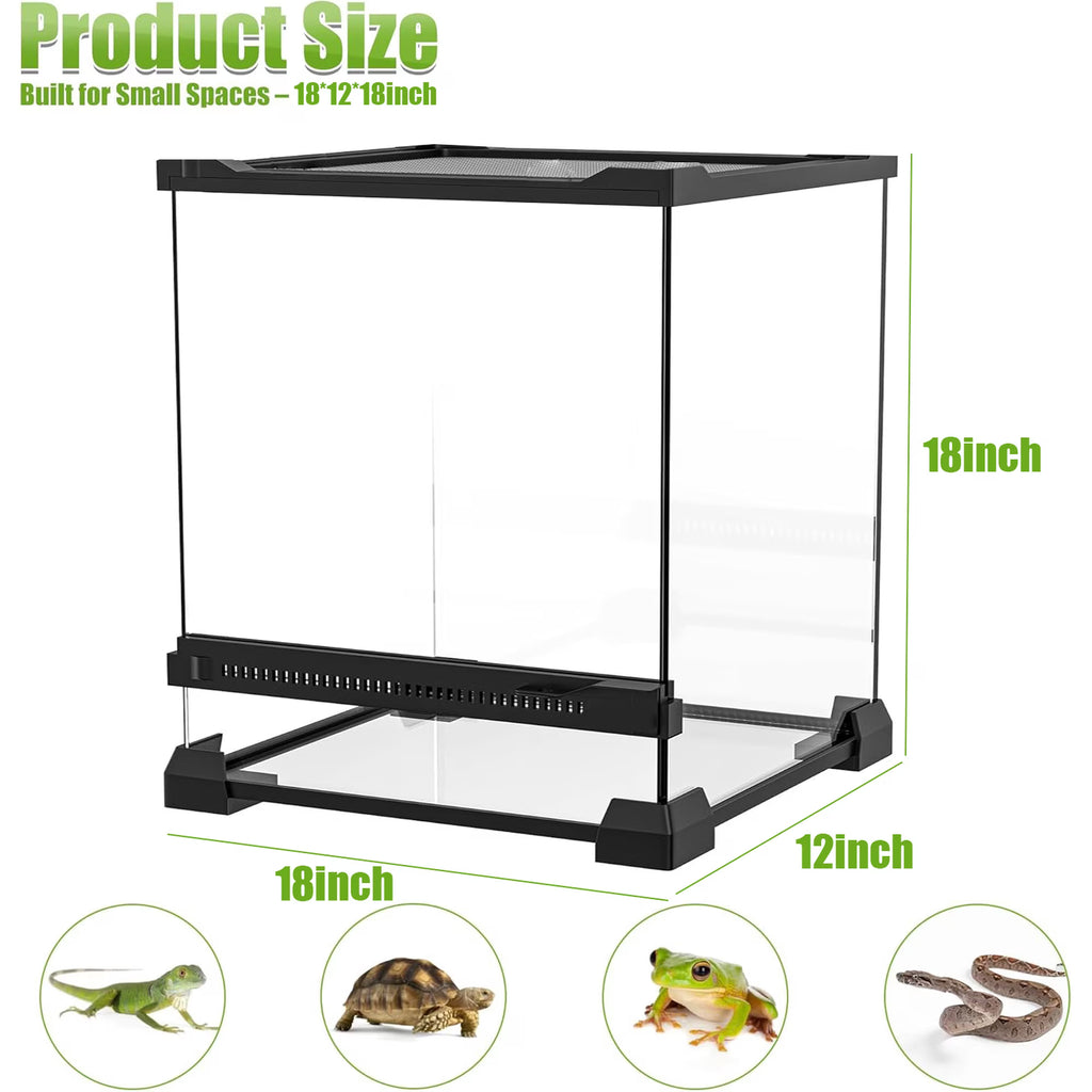 VNEKVA 18"x12"x18" Single Door Glass Reptile Terrarium, Rainforest Enclosure with Waterproof Base & Ventilation for Gecko, Chameleon & Tree Frog