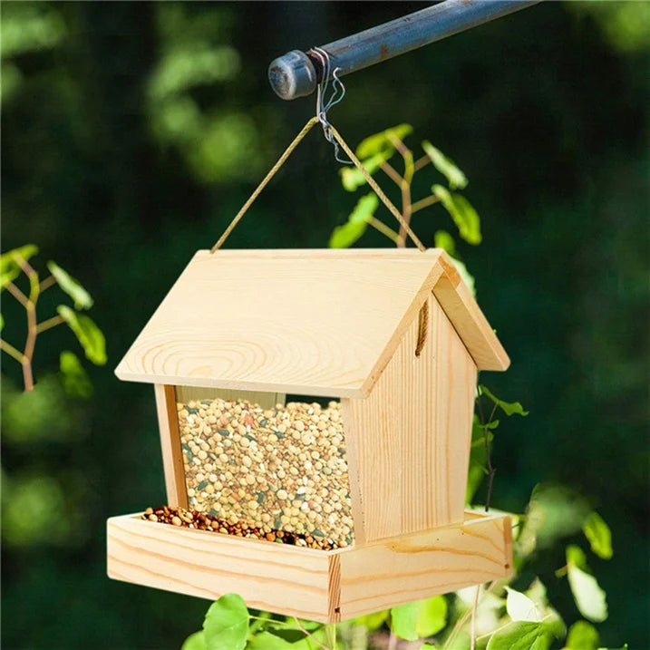 VNEKVA Wooden Hanging Bird Feeder for Outdoors - Weatherproof Automatic Wild Bird Feeder for Balconies, Villas & Garden Attraction