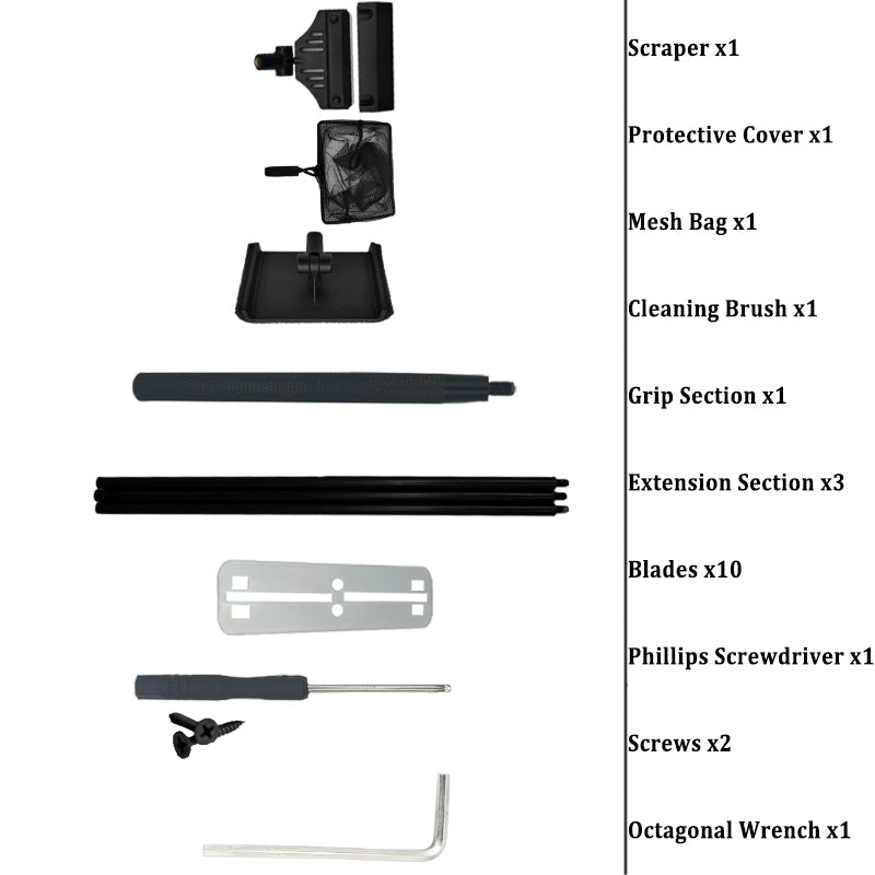VNEKVA Fish Tank Multifunctional Cleaning Tool Set - Telescopic Algae Scraper with 10 Blades, Algae Removal Net & Scraper