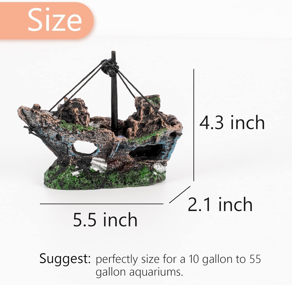 VNEKVA Resin Shipwreck Aquarium Decoration, Multi-Style Fish Tank Ornament for 10-55 Gallon Tanks