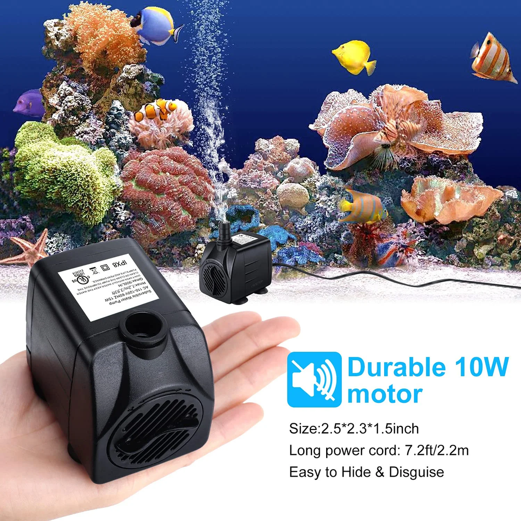 FINAQUA 160GPH Submersible Fountain Pump, Ultra Quiet 10W Water Pump for Pond, Fish Tank, Aquarium & Hydroponics
