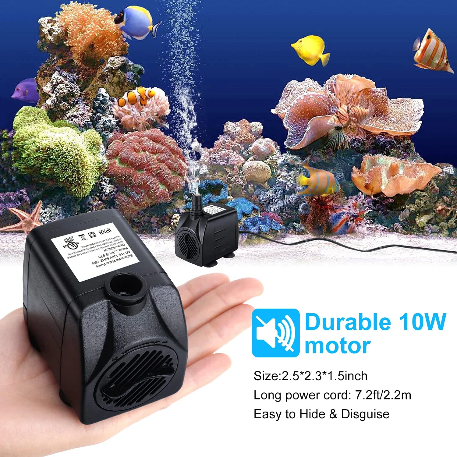 FINAQUA 160GPH Submersible Fountain Pump, Ultra Quiet 10W Water Pump for Pond, Fish Tank, Aquarium & Hydroponics