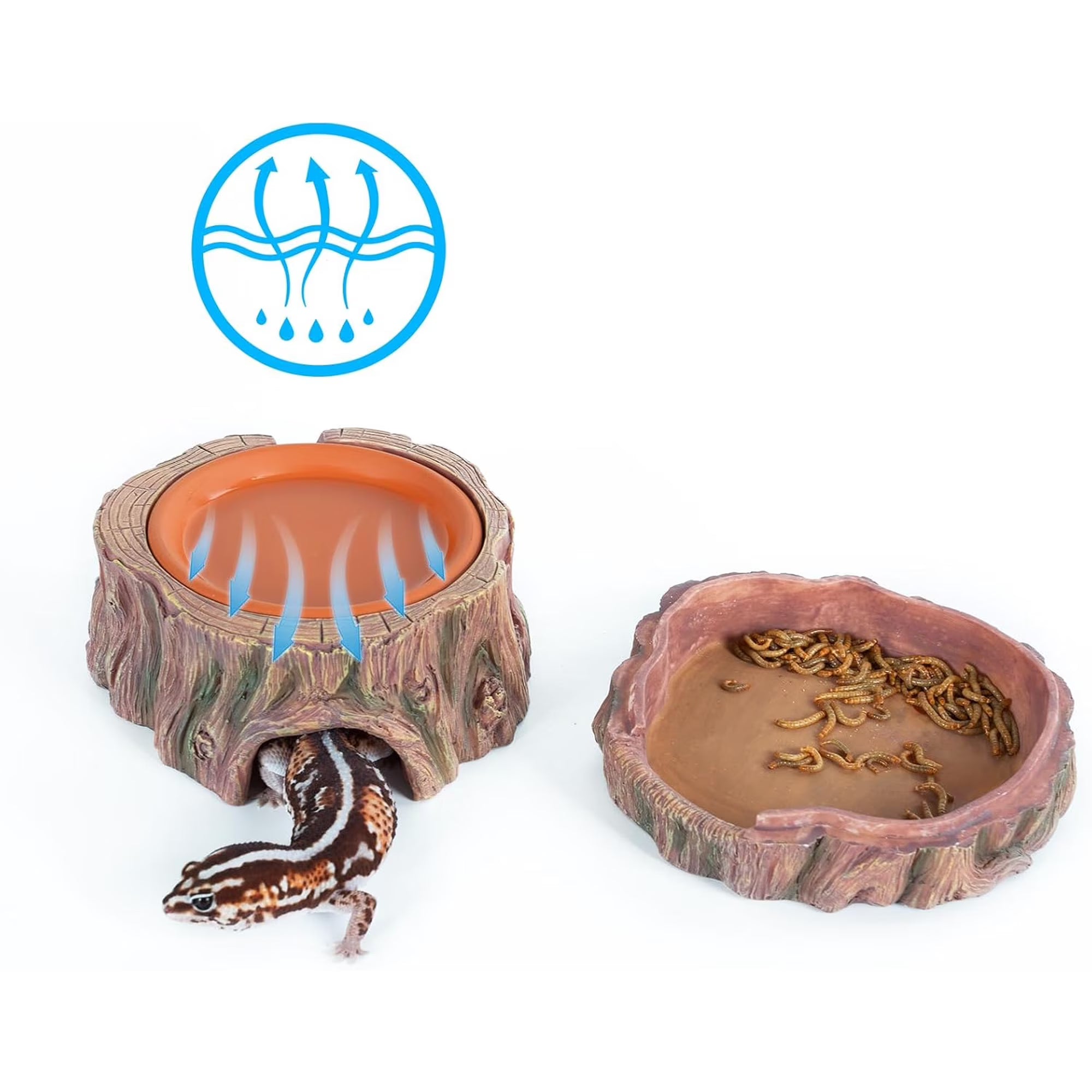 VNEKVA 3-in-1 Reptile Hide Cave with Detachable Base & Humidity Dish, Terrarium Decor Humid Shelter Hideout for Gecko, Lizard and Small Amphibian Pets