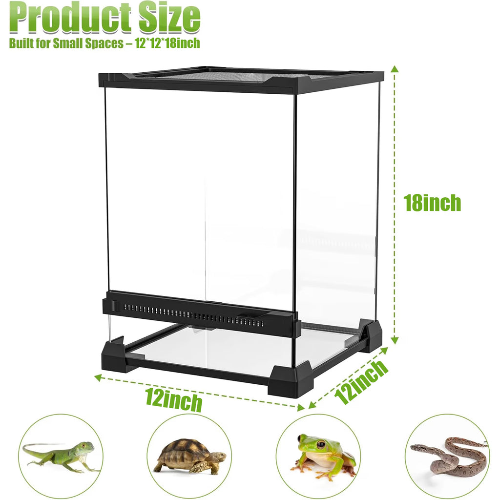 VNEKVA Single Door Glass Reptile Enclosure, 12"x12"x18" Rainforest Habitat for Gecko, Chameleon & Tree Frog, Waterproof Base & Full Ventilation