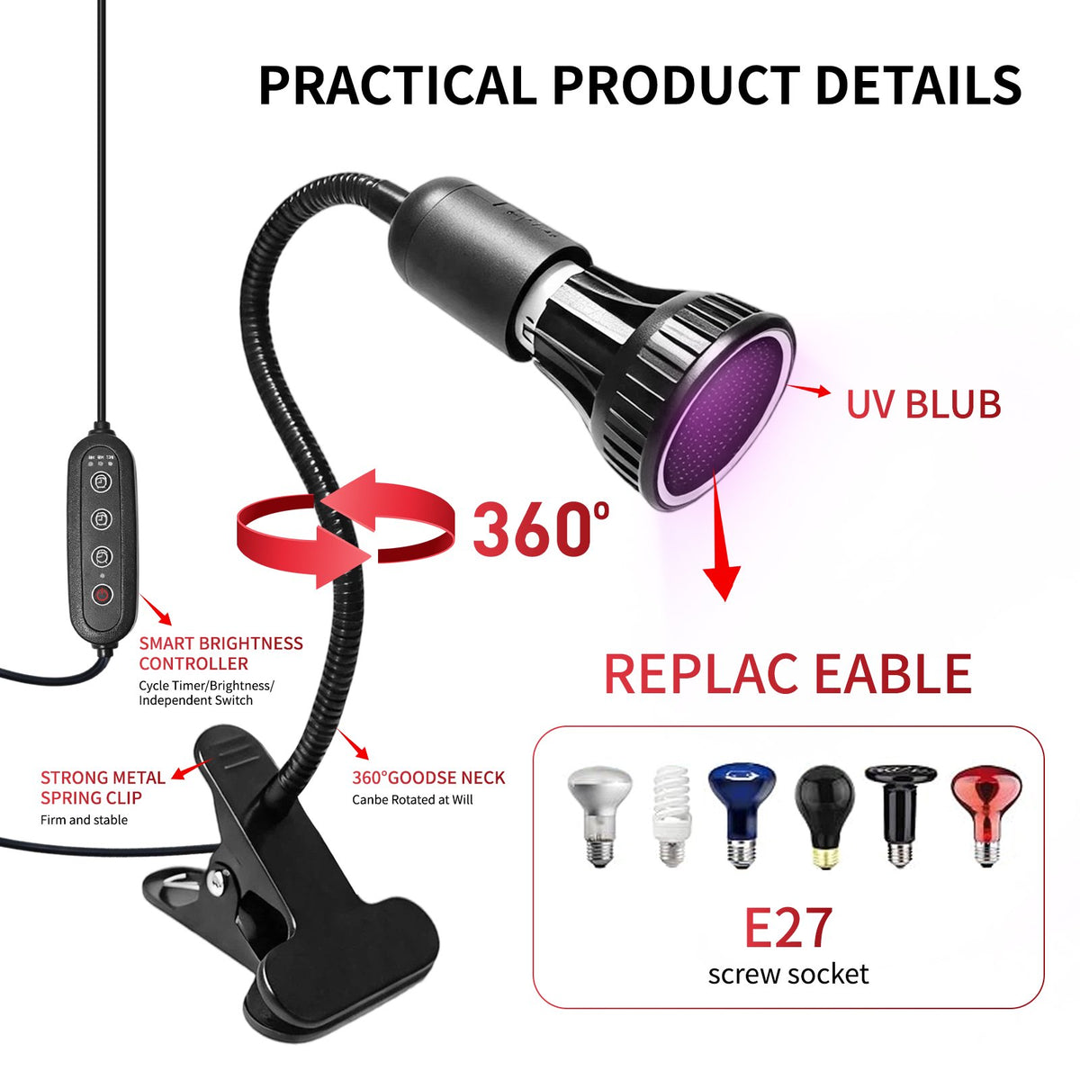 VNEKVA UVB Light for Reptiles & Turtles, Clip UVB Dimmable Timed Reptile Lamp