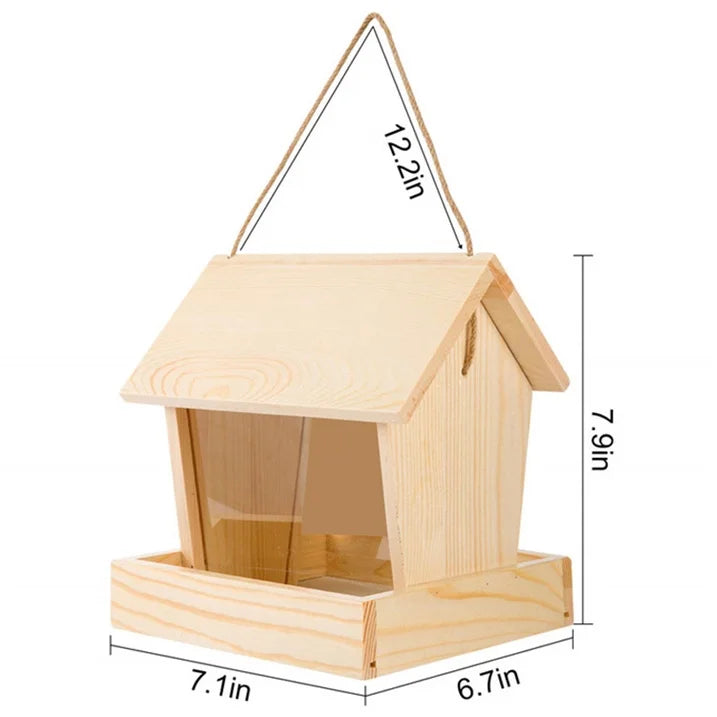 VNEKVA Wooden Hanging Bird Feeder for Outdoors - Weatherproof Automatic Wild Bird Feeder for Balconies, Villas & Garden Attraction
