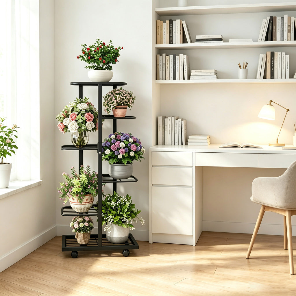 ZHEILFG 6-Tier Metal Plant Stand Indoor with Wheels, Flower Pot Holder Shelf, Indoor Outdoor Planter for Patio Garden Balcony, Black