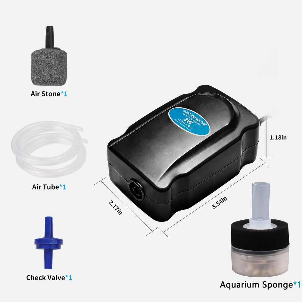 VNEKVA Mini Aquarium Air Pump Kit for 1-10 Gal Fish Tanks - with Air Tube, Bubbler Stone, Check Valve & Sponge Filter