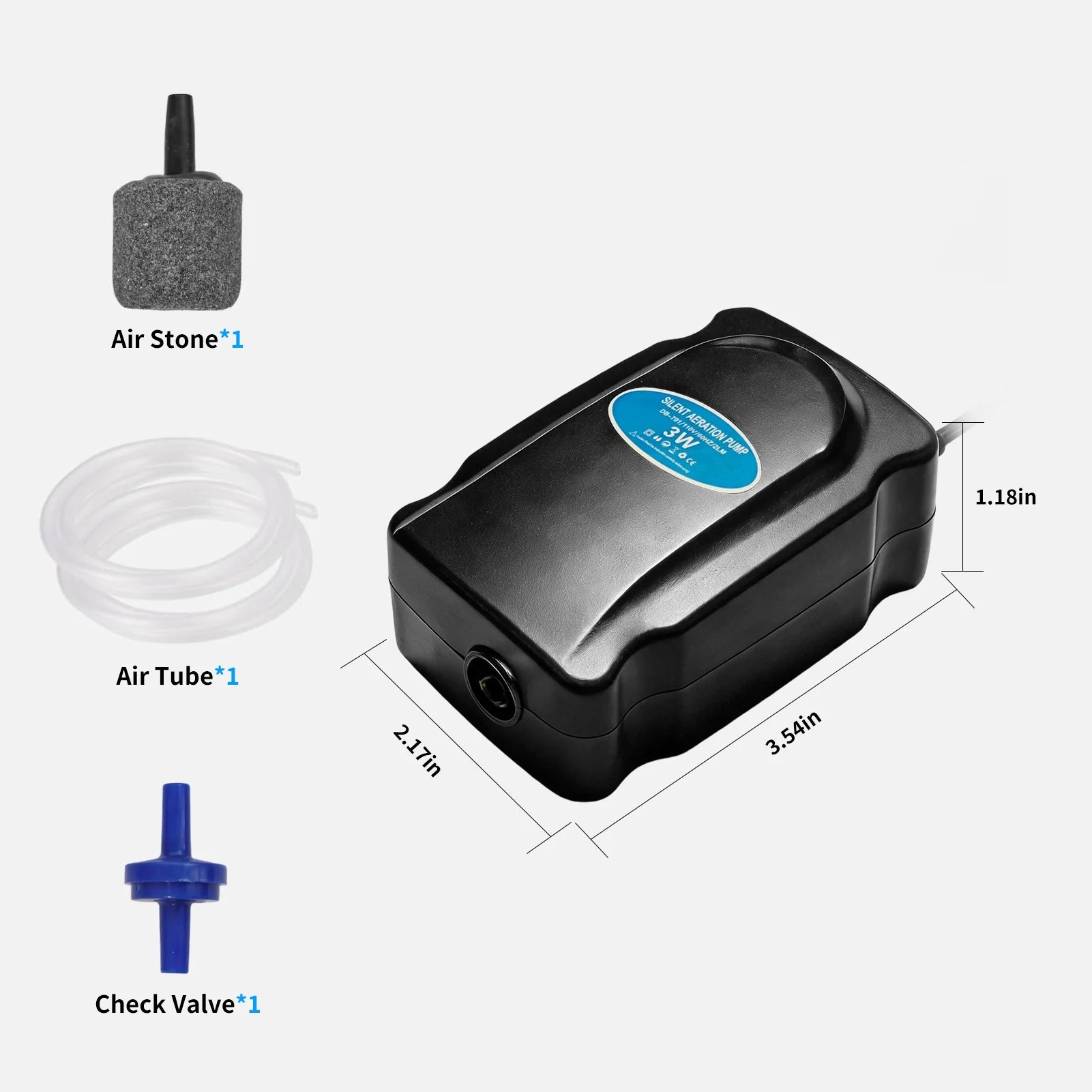 VNEKVA 3W Mini Aquarium Air Pump Kit for 5-20 Gallon Tanks - Complete with Air Tube, Bubbler Stone & Check Valve