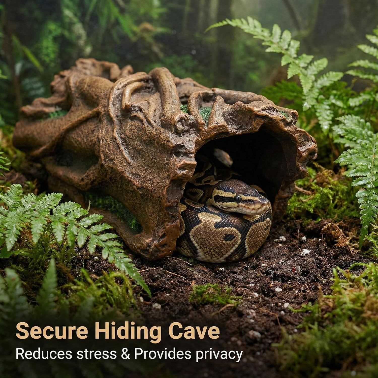 VNEKVA Large Resin Reptile Hideout Cave, Hollow Log Habitat Decor, Basking Platform for Ball Python, Bearded Dragon, Gecko, Lizard, Tortoise, Axolotl