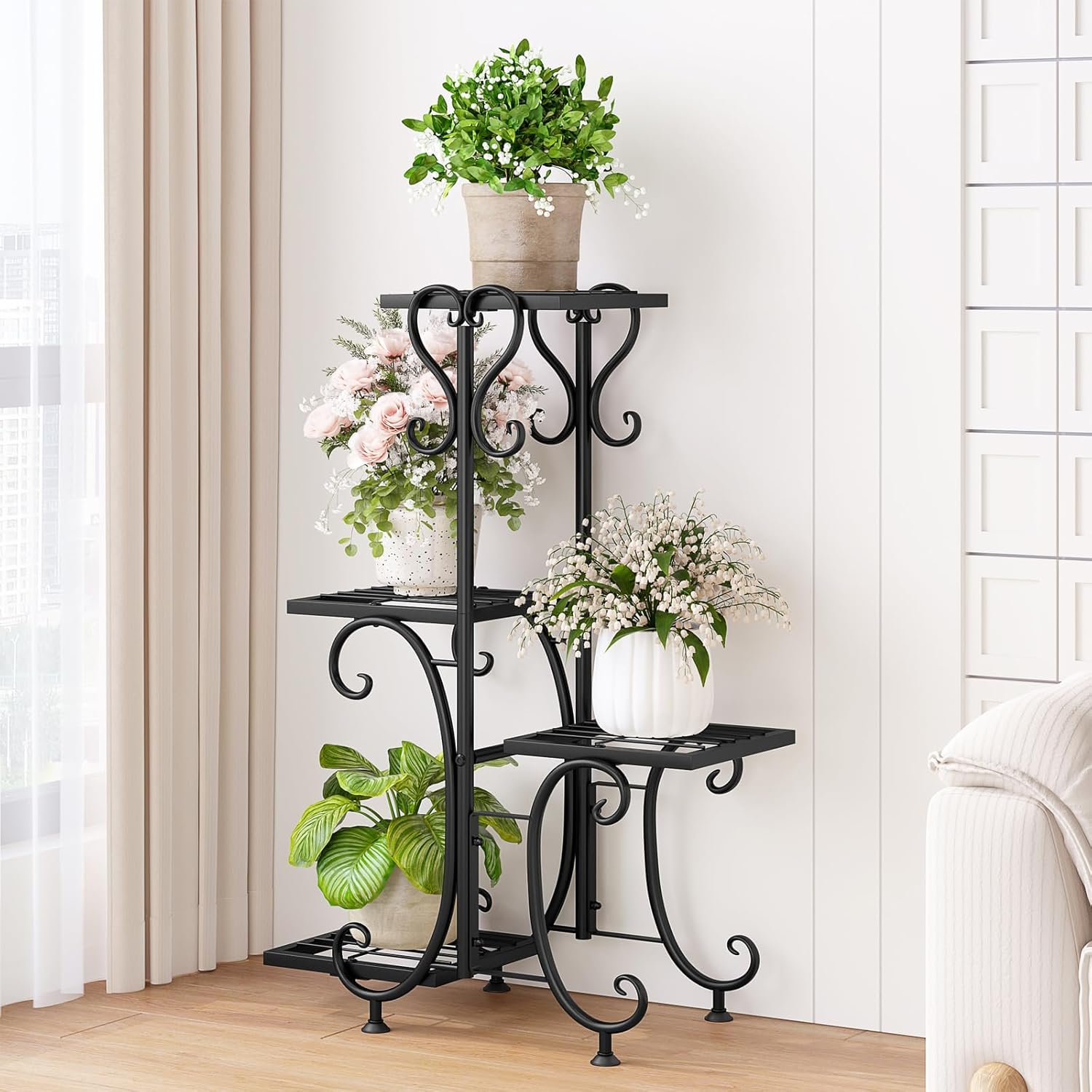 ZHEILFG 4-Tier Metal Plant Stand, Tall Indoor & Outdoor Flower Shelf for Multiple Plants, Corner Pot Rack for Living Room, Garden & Patio