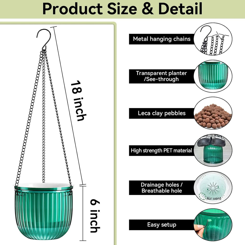 VNEKVA 3-Pack 6.5 Inch Self-Watering Hanging Planters with Hooks & Drainage Holes - Green Indoor/Outdoor Wall/Window Plant Pots for Home Decor