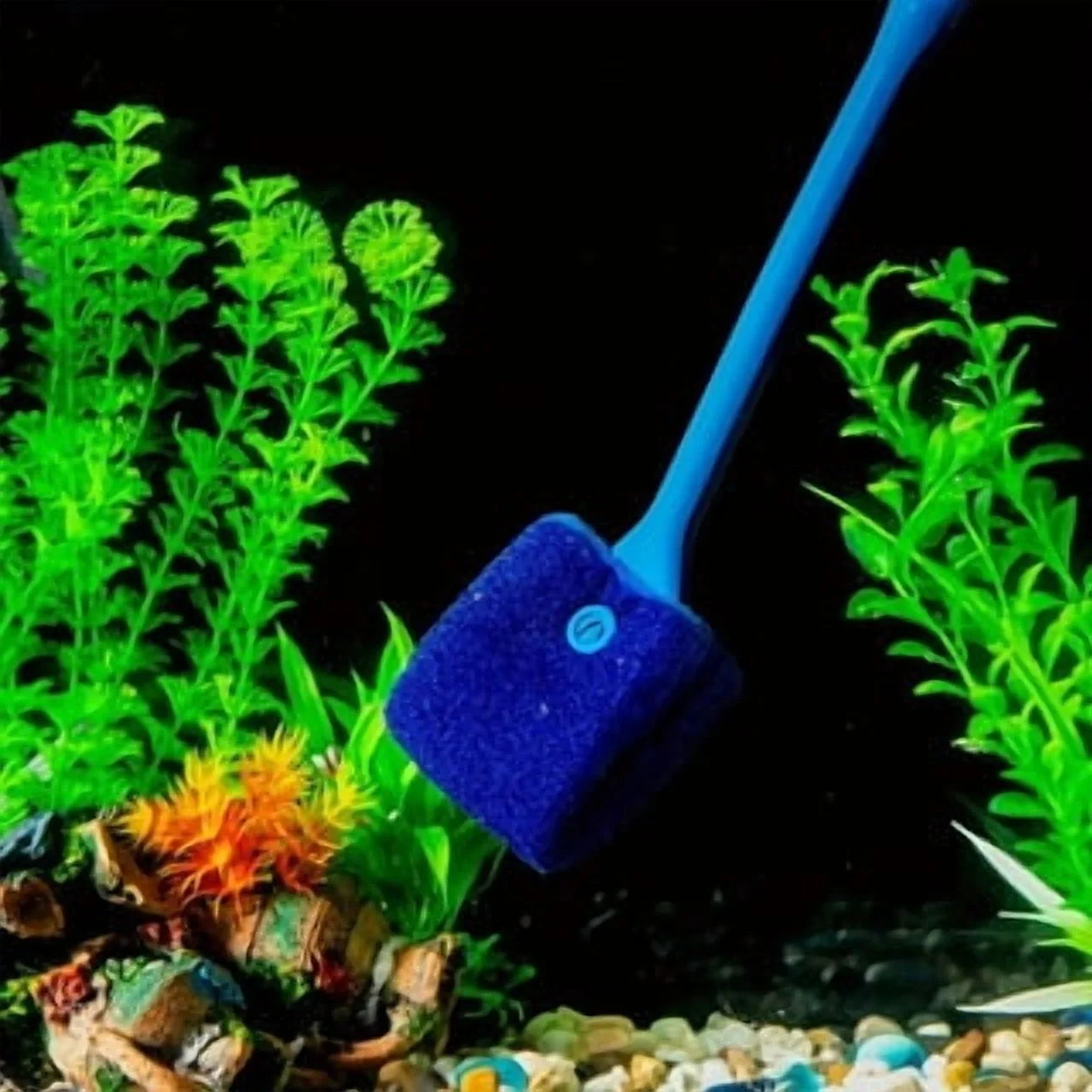 VNEKVA Aquarium Algae Scraper, Double-Sided Sponge Brush Cleaner with Towel, 15.4in Long Handle Scrubber for Glass Fish Tanks & Kitchen Use
