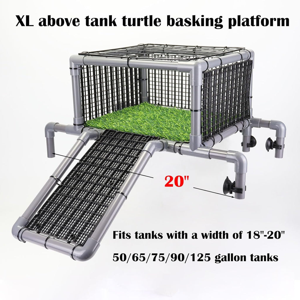 VNEKVA Above Tank Turtle Basking Platform, Elevated Dock with Non-Slip Ramp and Grass Mat, Fits 75 to 125 Gallon Aquariums
