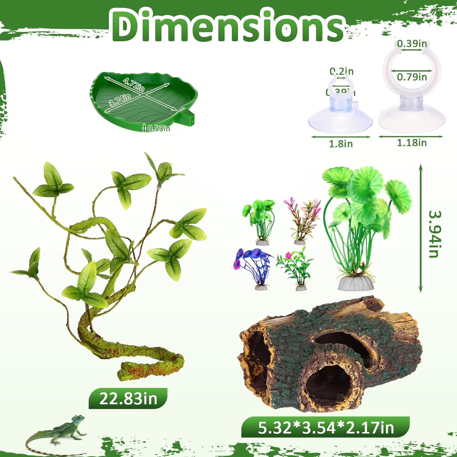 VNEKVA Bearded Dragon Tank Accessories Set, Reptile Bridge Hammock with Vines, Feeding Bowl & Hide Cave