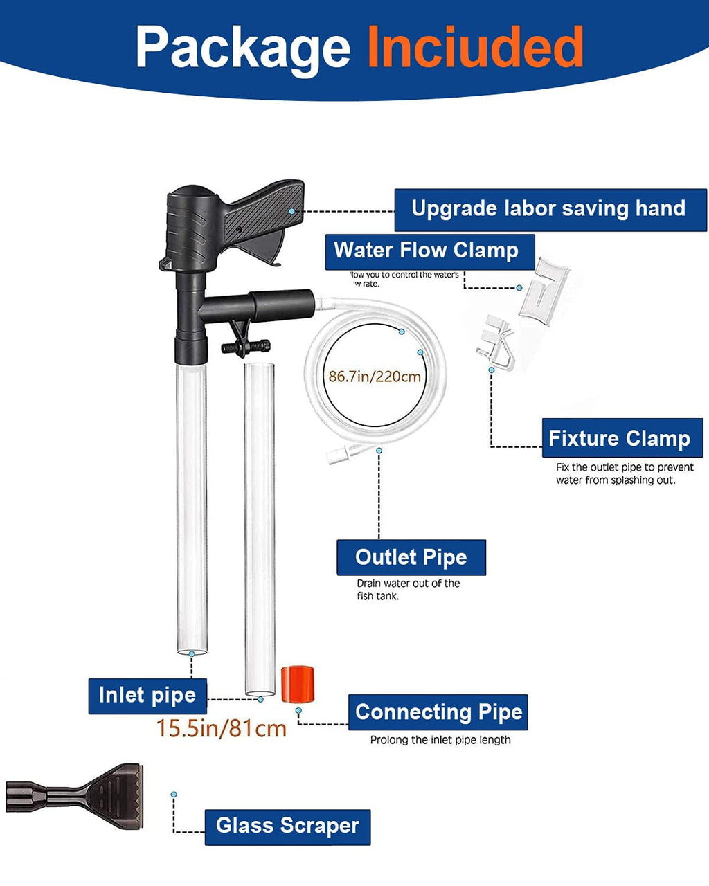 VNEKVA Fish Tank Gravel & Sand Cleaner Kit with Vacuum Pump, Water Changer, Thermometer